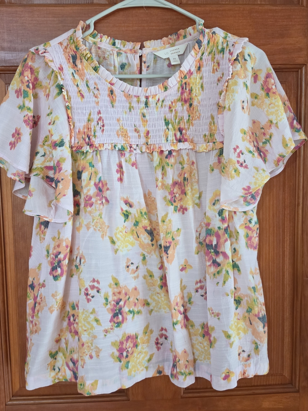 LC Lauren Conrad Pink Floral Chiffon Smocked Ruffle Flutter Sleeve Blouse, M